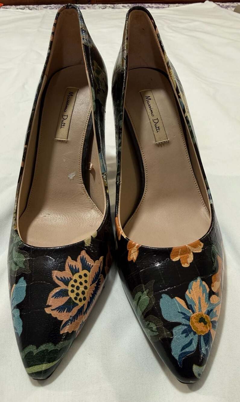 Massimo Dutti Floral Croc Embossed Leather Pointed Toe Pumps Heels Spain 38 /7.5